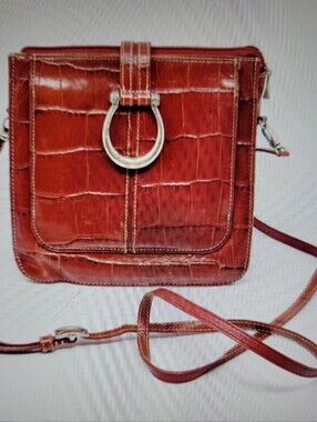 Brighton Croc-Embossed Brown Leather Crossbody with Silver Ring